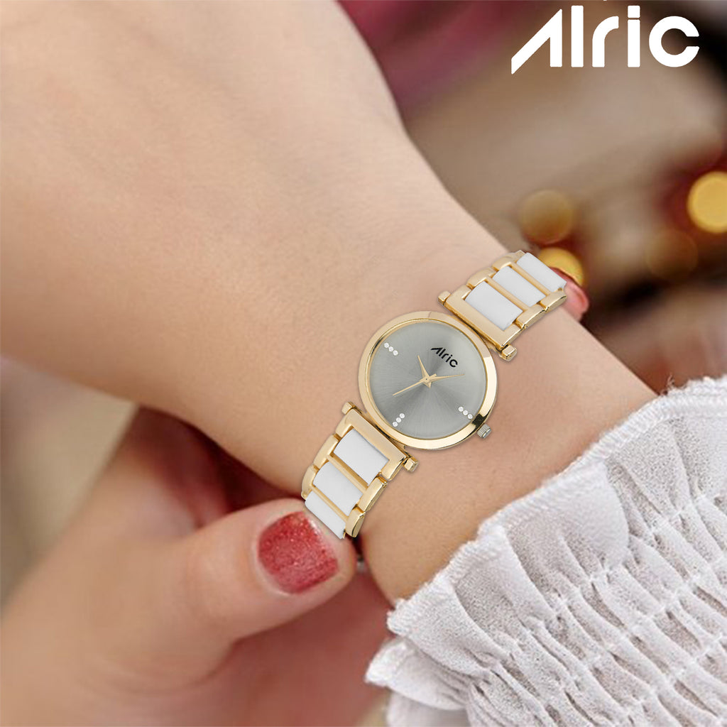 Ellip Gold & White Quartz Analog Wrist Watch For Girls (13.6 Mm Dial)