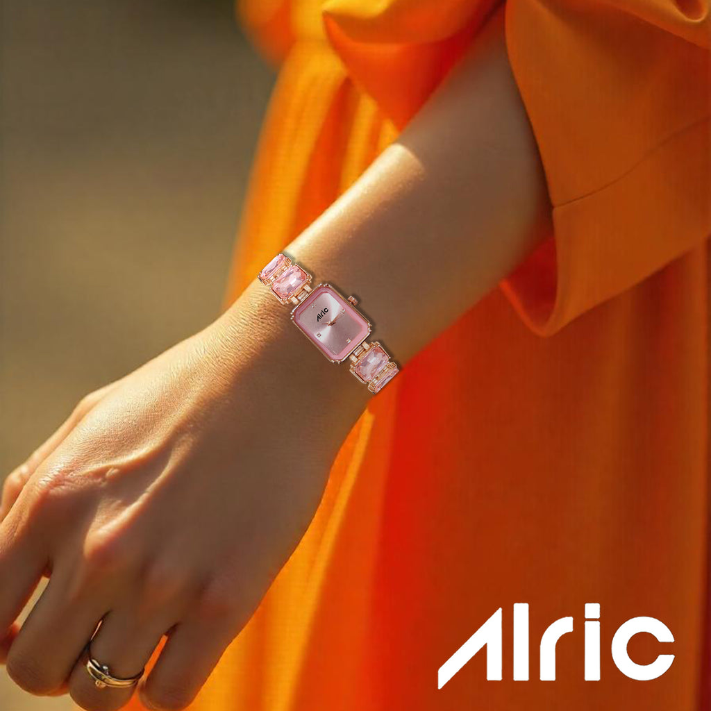 Alric Octa Big Diamond Stone Studded Pink & Rose Gold Square Quartz Analog Wrist Watch For Girls (14.28 Mm Dial)