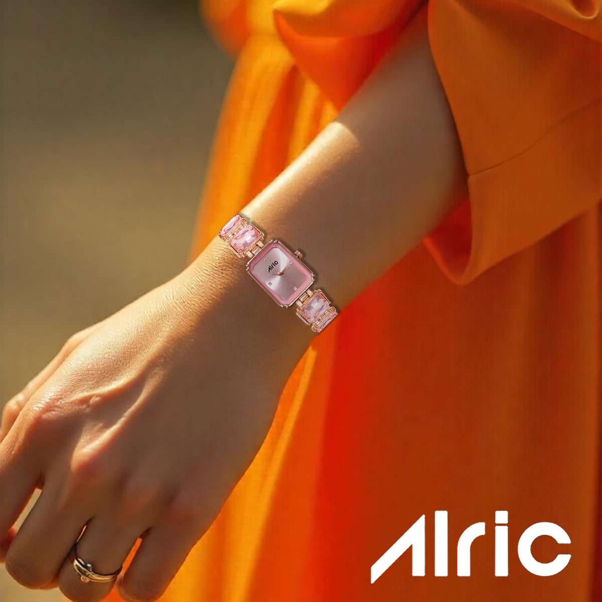 Alric Octa Big Diamond Stone Studded Pink & Rose Gold Square Quartz Analog Wrist Watch For Girls (14.28 Mm Dial)