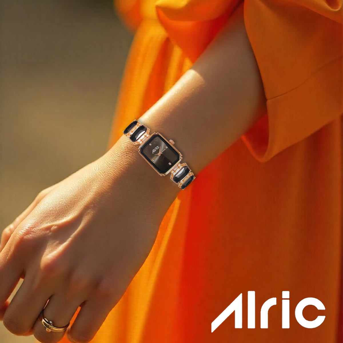 Alric Octa Big Diamond Stone Studded Black & Rose Gold Square Quartz Analog Wrist Watch For Girls (14.28 Mm Dial)