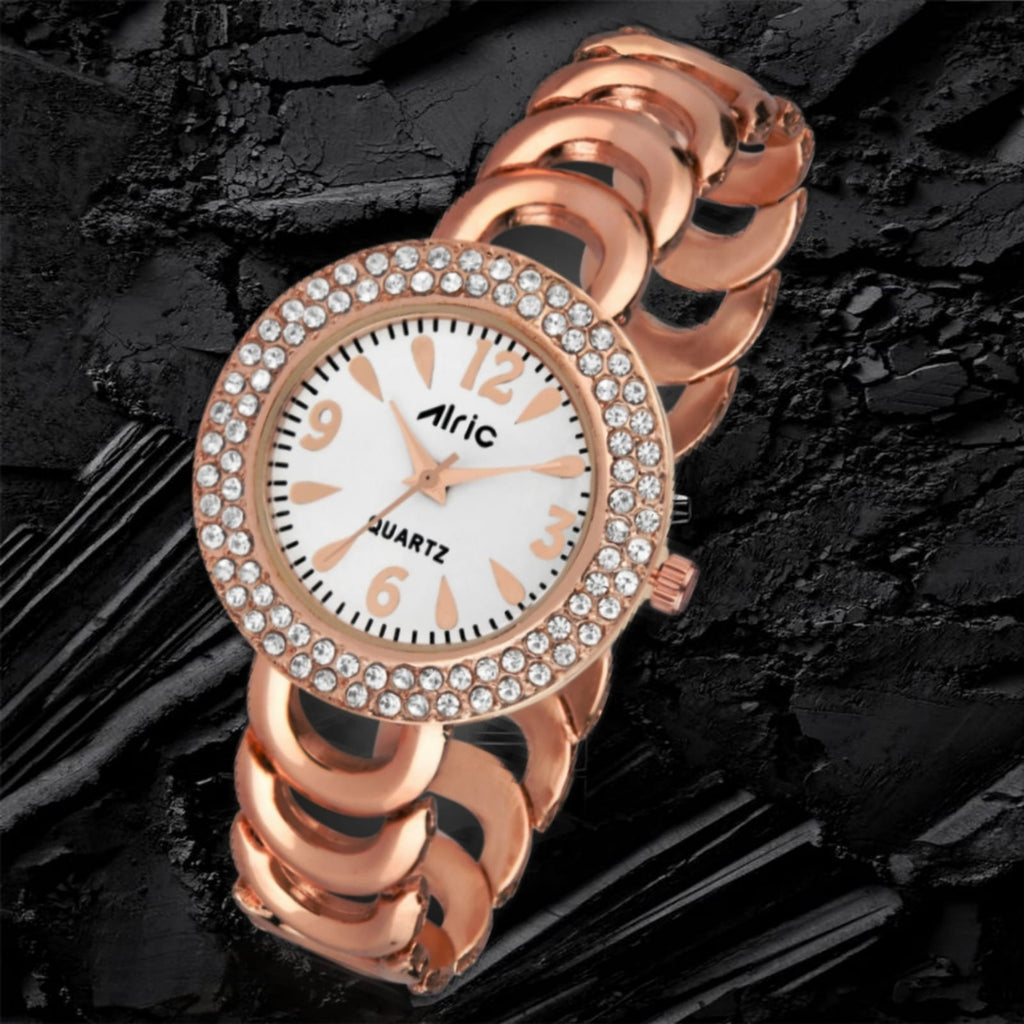 Ritzy Rose Gold & White Round Quartz Analog Wrist Watch For Women (13.6 Mm Dial)