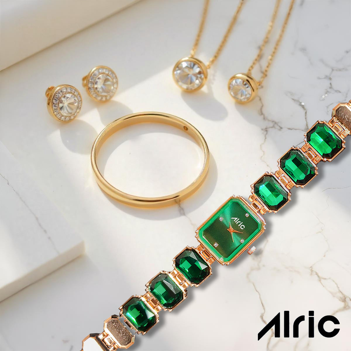 Alric Octa Big Diamond Stone Studded Green & Rose Gold Square Quartz Analog Wrist Watch For Girls (14.28 Mm Dial)