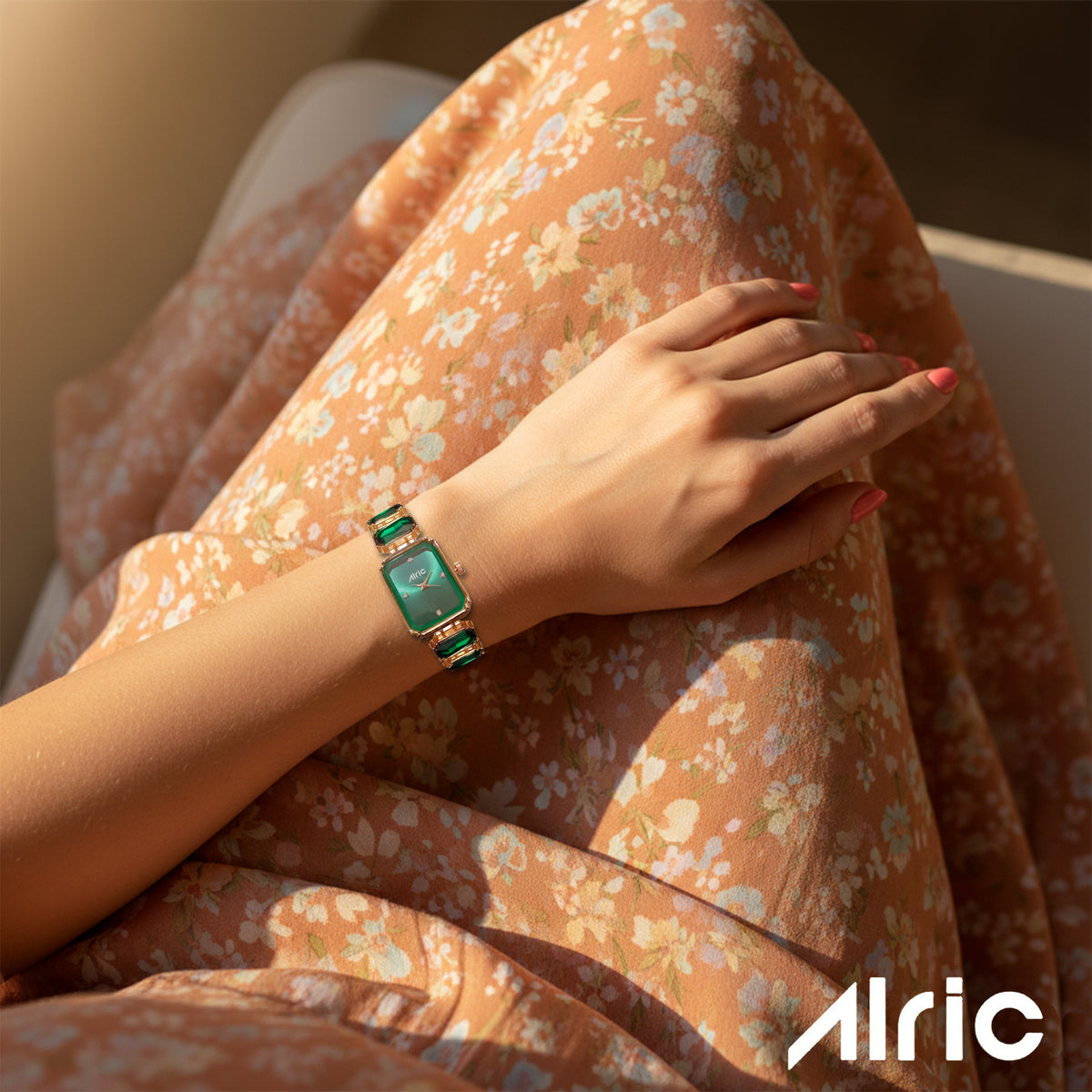 Alric Octa Big Diamond Stone Studded Green & Rose Gold Square Quartz Analog Wrist Watch For Girls (14.28 Mm Dial)