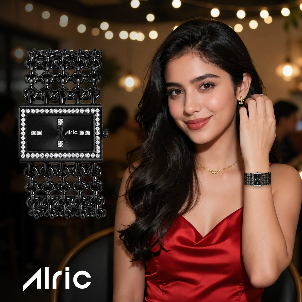 Luxe Black Analog Quartz with Jewels | Elegant Watch for Women
