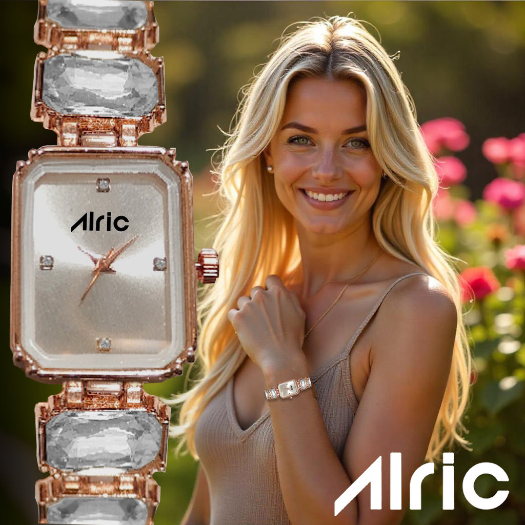 Alric Octa Big Diamond Stone Studded White & Rose Gold Square Quartz Analog Wrist Watch For Girls (14.28 Mm Dial)