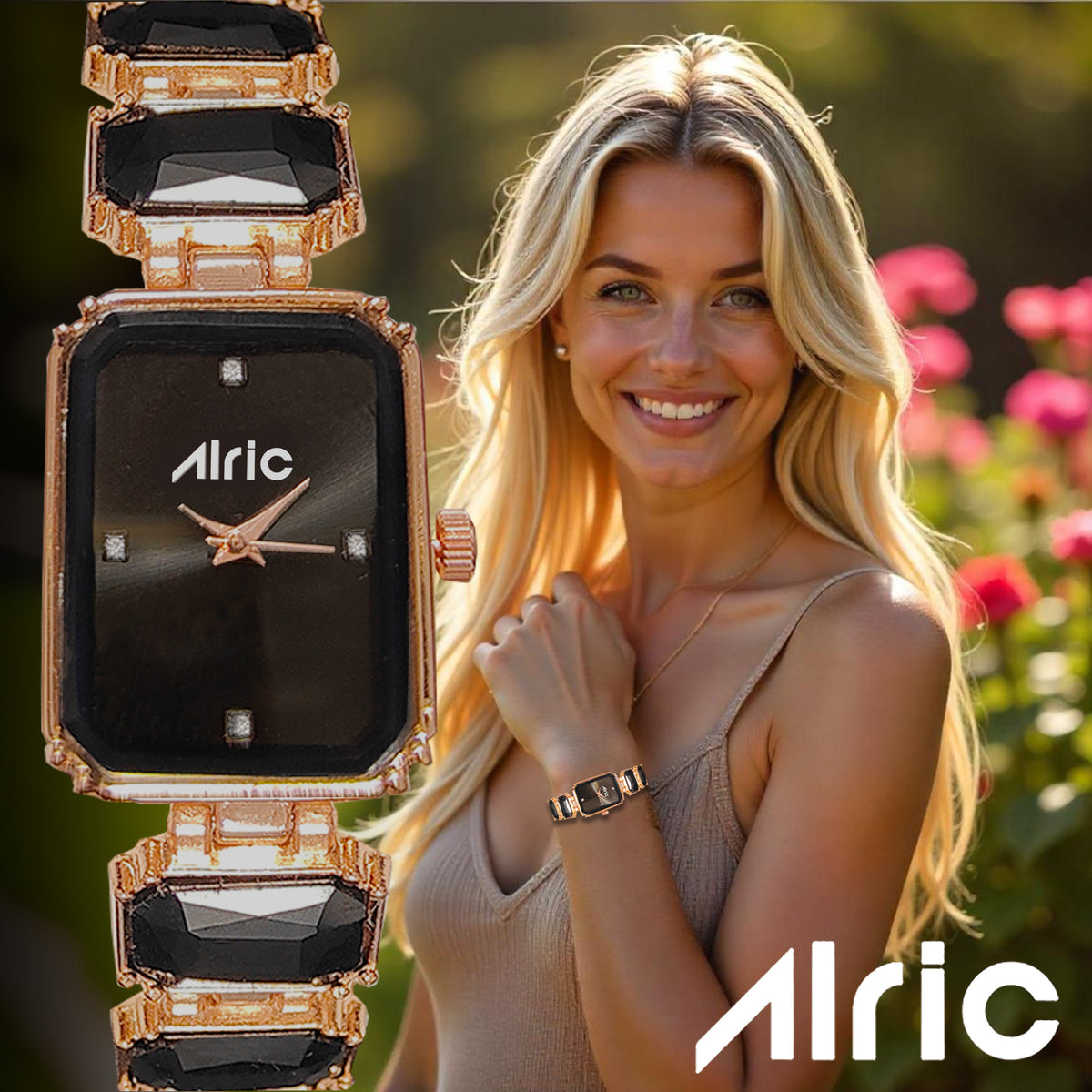 Alric Octa Big Diamond Stone Studded Black & Rose Gold Square Quartz Analog Wrist Watch For Girls (14.28 Mm Dial)
