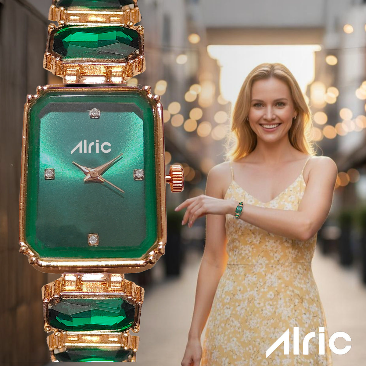 Alric Octa Big Diamond Stone Studded Green & Rose Gold Square Quartz Analog Wrist Watch For Girls (14.28 Mm Dial)
