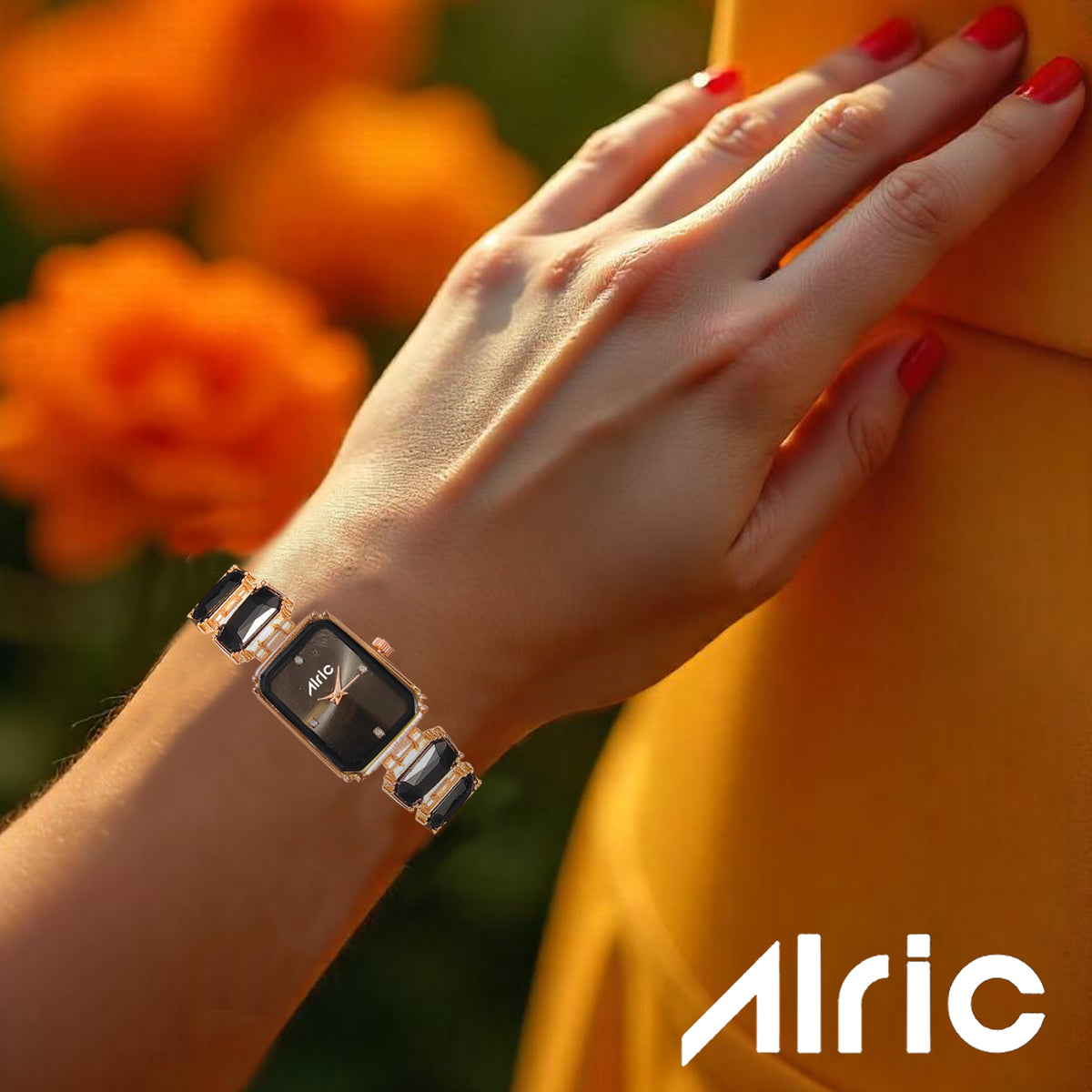 Alric Octa Big Diamond Stone Studded Black & Rose Gold Square Quartz Analog Wrist Watch For Girls (14.28 Mm Dial)