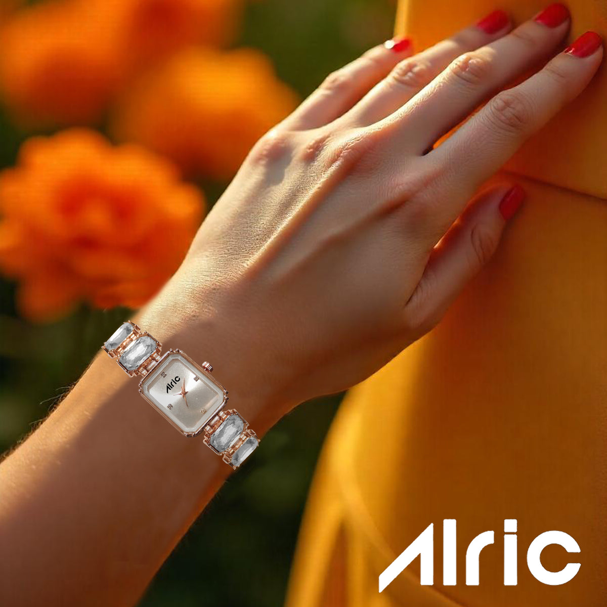 Alric Octa Big Diamond Stone Studded White & Rose Gold Square Quartz Analog Wrist Watch For Girls (14.28 Mm Dial)