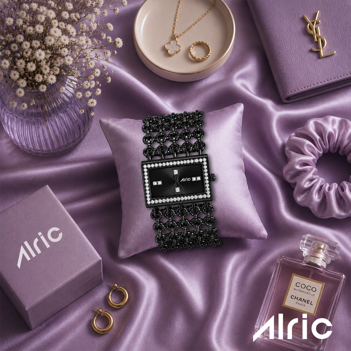 Luxe Black Analog Quartz with Jewels | Elegant Watch for Women