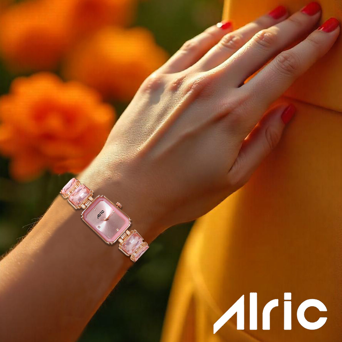 Alric Octa Big Diamond Stone Studded Pink & Rose Gold Square Quartz Analog Wrist Watch For Girls (14.28 Mm Dial)