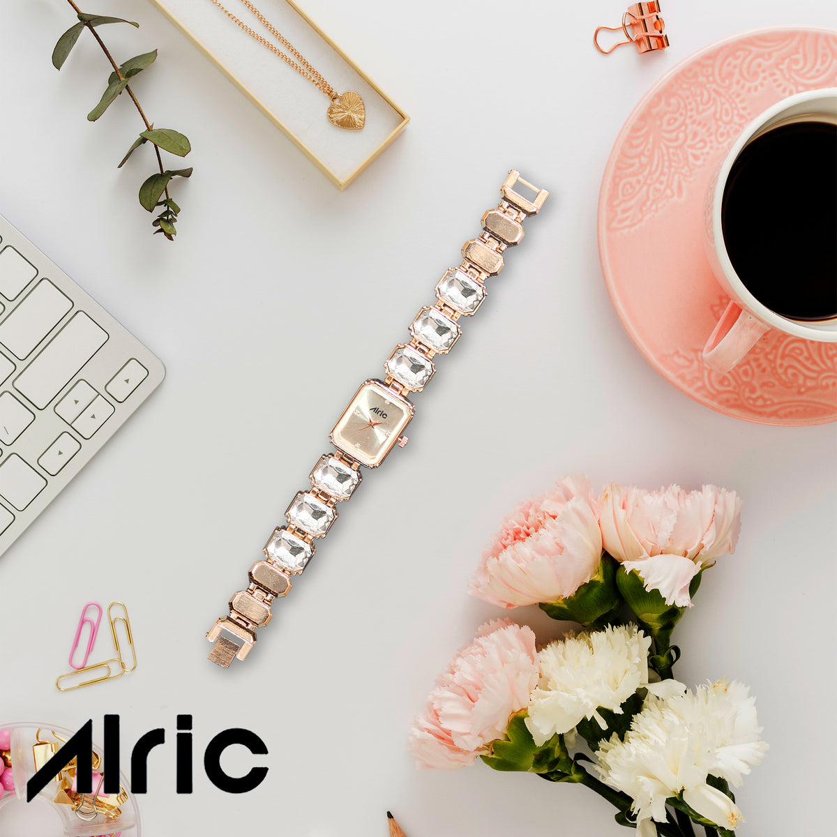 Alric Octa Big Diamond Stone Studded White & Rose Gold Square Quartz Analog Wrist Watch For Girls (14.28 Mm Dial)