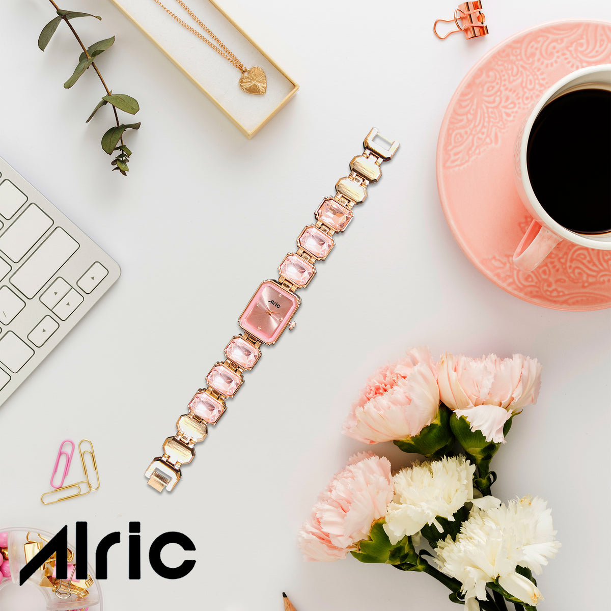 Alric Octa Big Diamond Stone Studded Pink & Rose Gold Square Quartz Analog Wrist Watch For Girls (14.28 Mm Dial)