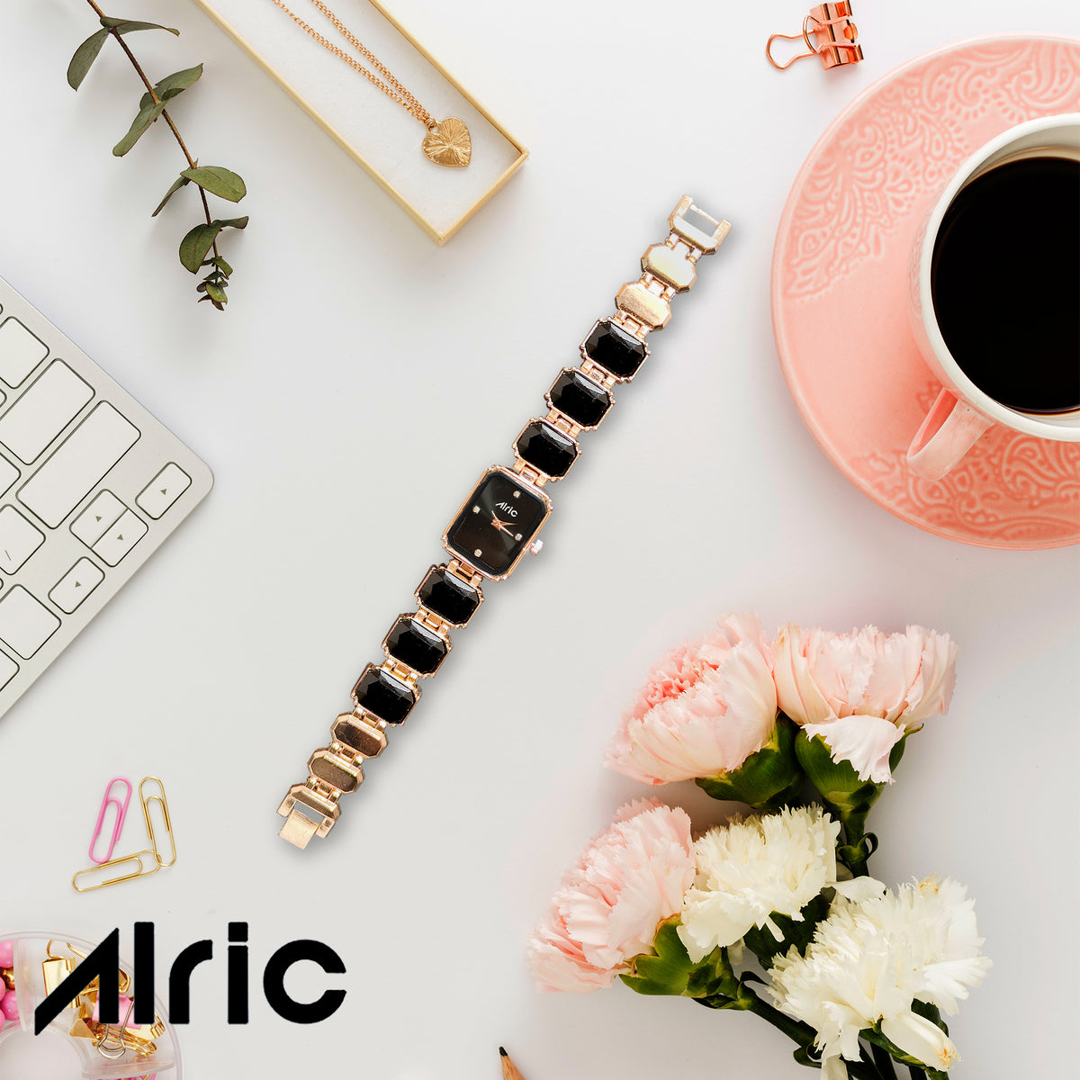 Alric Octa Big Diamond Stone Studded Black & Rose Gold Square Quartz Analog Wrist Watch For Girls (14.28 Mm Dial)