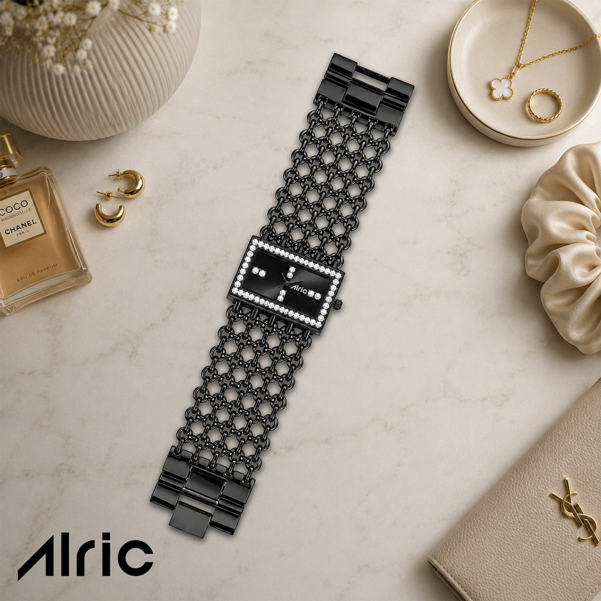 Luxe Black Analog Quartz with Jewels | Elegant Watch for Women