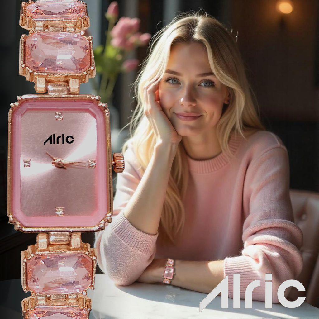Alric Octa Big Diamond Stone Studded Pink & Rose Gold Square Quartz Analog Wrist Watch For Girls (14.28 Mm Dial)
