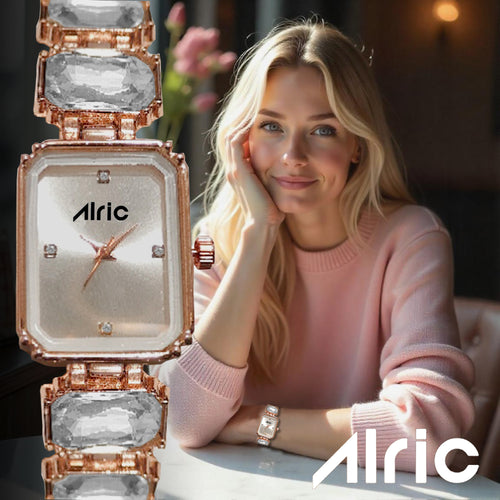 Alric Octa Big Diamond Stone Studded White & Rose Gold Square Quartz Analog Wrist Watch For Girls (14.28 Mm Dial)