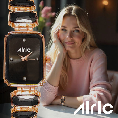 Alric Octa Big Diamond Stone Studded Black & Rose Gold Square Quartz Analog Wrist Watch For Girls (14.28 Mm Dial)