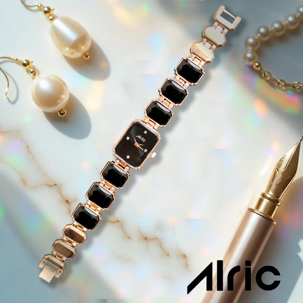 Alric Octa Big Diamond Stone Studded Black & Rose Gold Square Quartz Analog Wrist Watch For Girls (14.28 Mm Dial)
