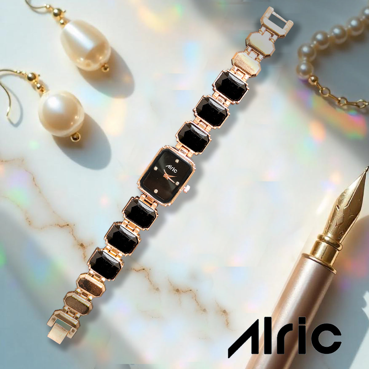 Alric Octa Big Diamond Stone Studded Black & Rose Gold Square Quartz Analog Wrist Watch For Girls (14.28 Mm Dial)