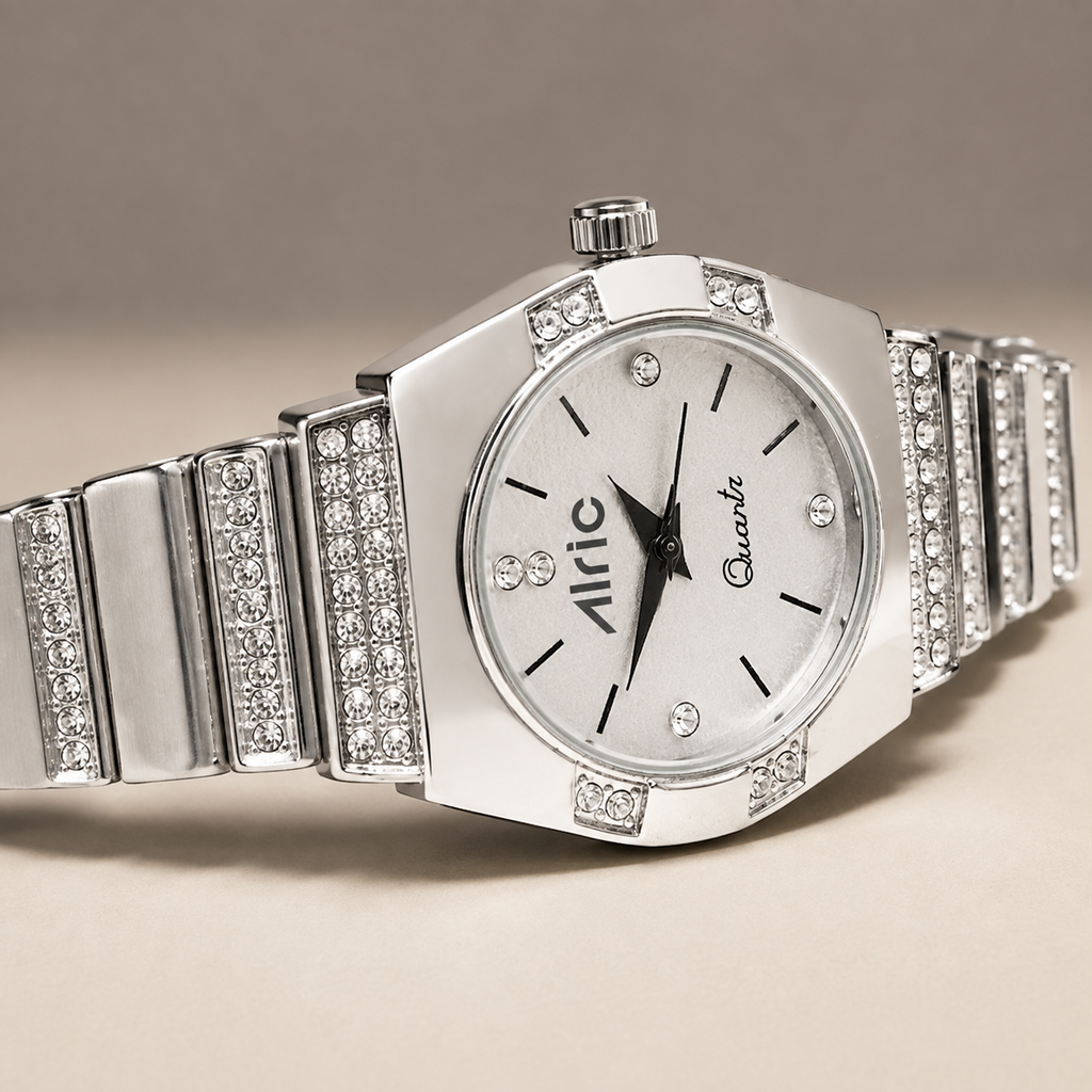 Opaline Silver Analog Quartz with Jewels | Elegant Watch for Women