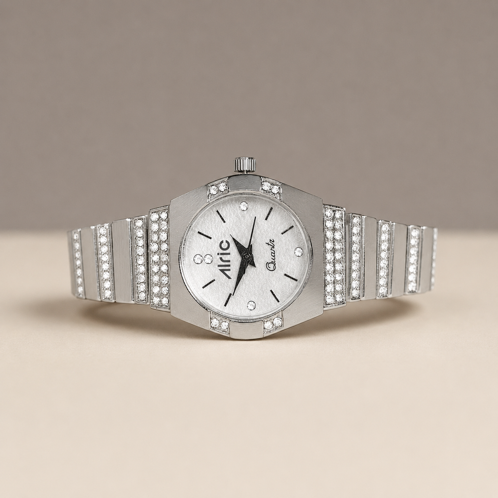 Opaline Silver Analog Quartz with Jewels | Elegant Watch for Women