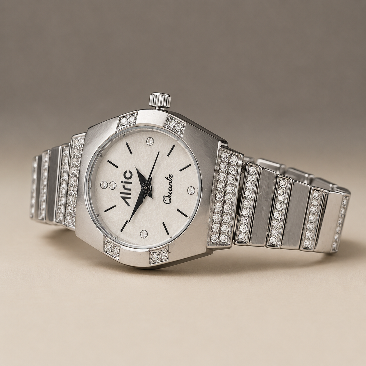 Opaline Silver Analog Quartz with Jewels | Elegant Watch for Women