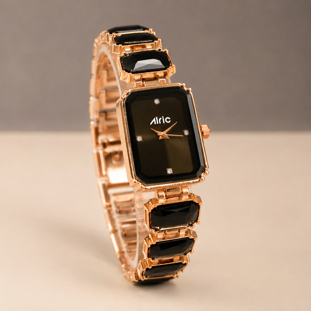 Alric Octa Big Diamond Stone Studded Black & Rose Gold Square Quartz Analog Wrist Watch For Girls (14.28 Mm Dial)