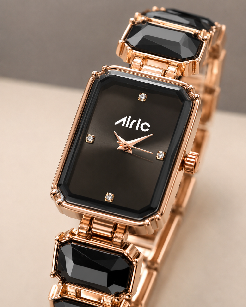 Alric Octa Big Diamond Stone Studded Black & Rose Gold Square Quartz Analog Wrist Watch For Girls (14.28 Mm Dial)