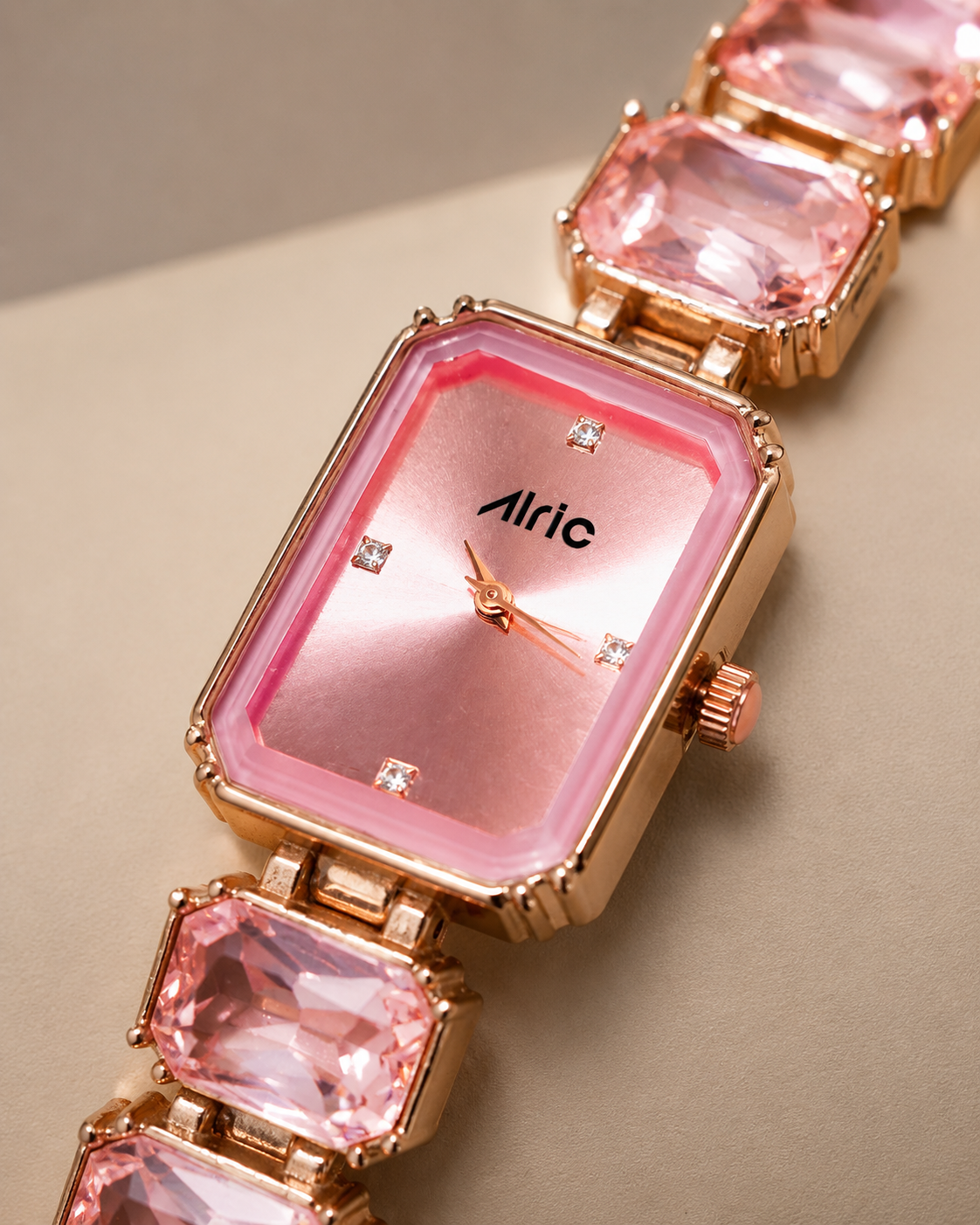 Alric Octa Big Diamond Stone Studded Pink & Rose Gold Square Quartz Analog Wrist Watch For Girls (14.28 Mm Dial)