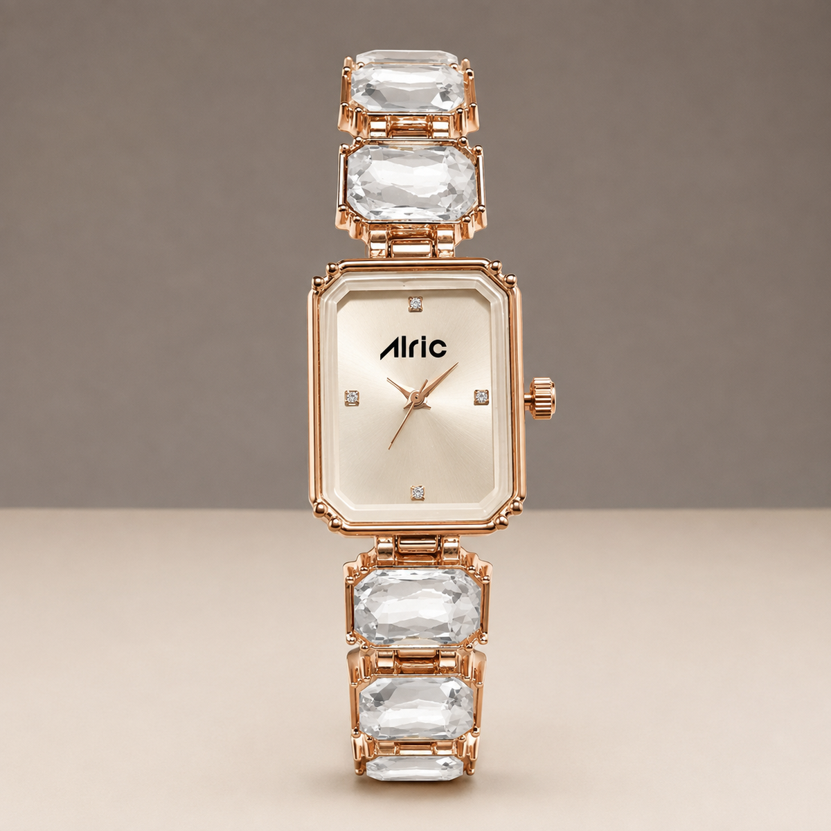Alric Octa Big Diamond Stone Studded White & Rose Gold Square Quartz Analog Wrist Watch For Girls (14.28 Mm Dial)
