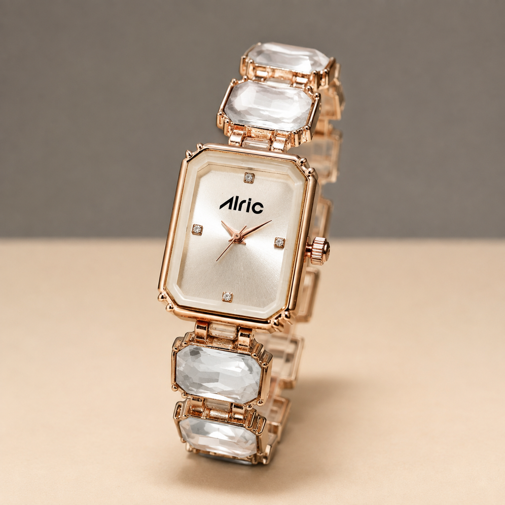 Alric Octa Big Diamond Stone Studded White & Rose Gold Square Quartz Analog Wrist Watch For Girls (14.28 Mm Dial)