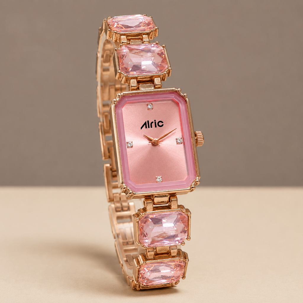 Alric Octa Big Diamond Stone Studded Pink & Rose Gold Square Quartz Analog Wrist Watch For Girls (14.28 Mm Dial)