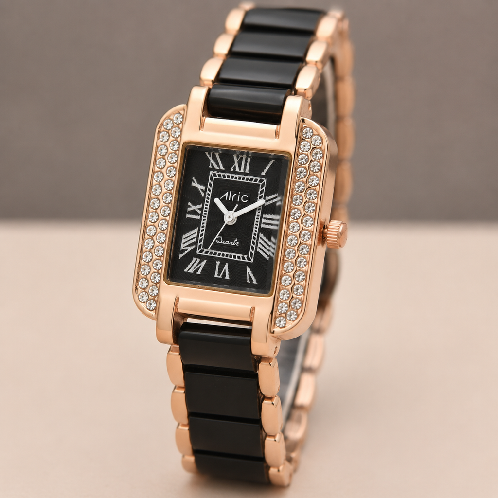 Minted Black Square Quartz Analog Wrist Watch For Girls (30 Mm Dial)