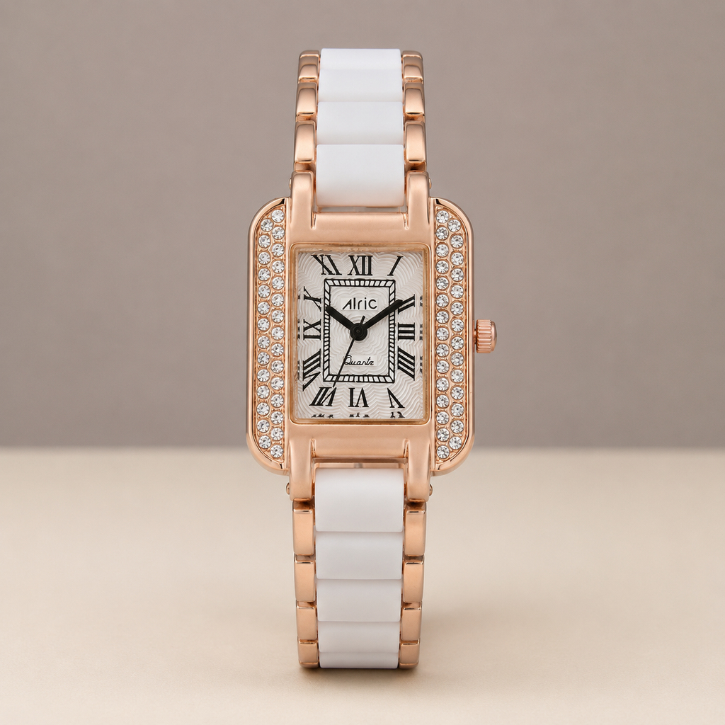 Minted White & Gold Square Quartz Analog Wrist Watch For Girls (30 Mm Dial)