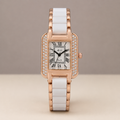 Minted White & Gold Square Quartz Analog Wrist Watch For Girls (30 Mm Dial)