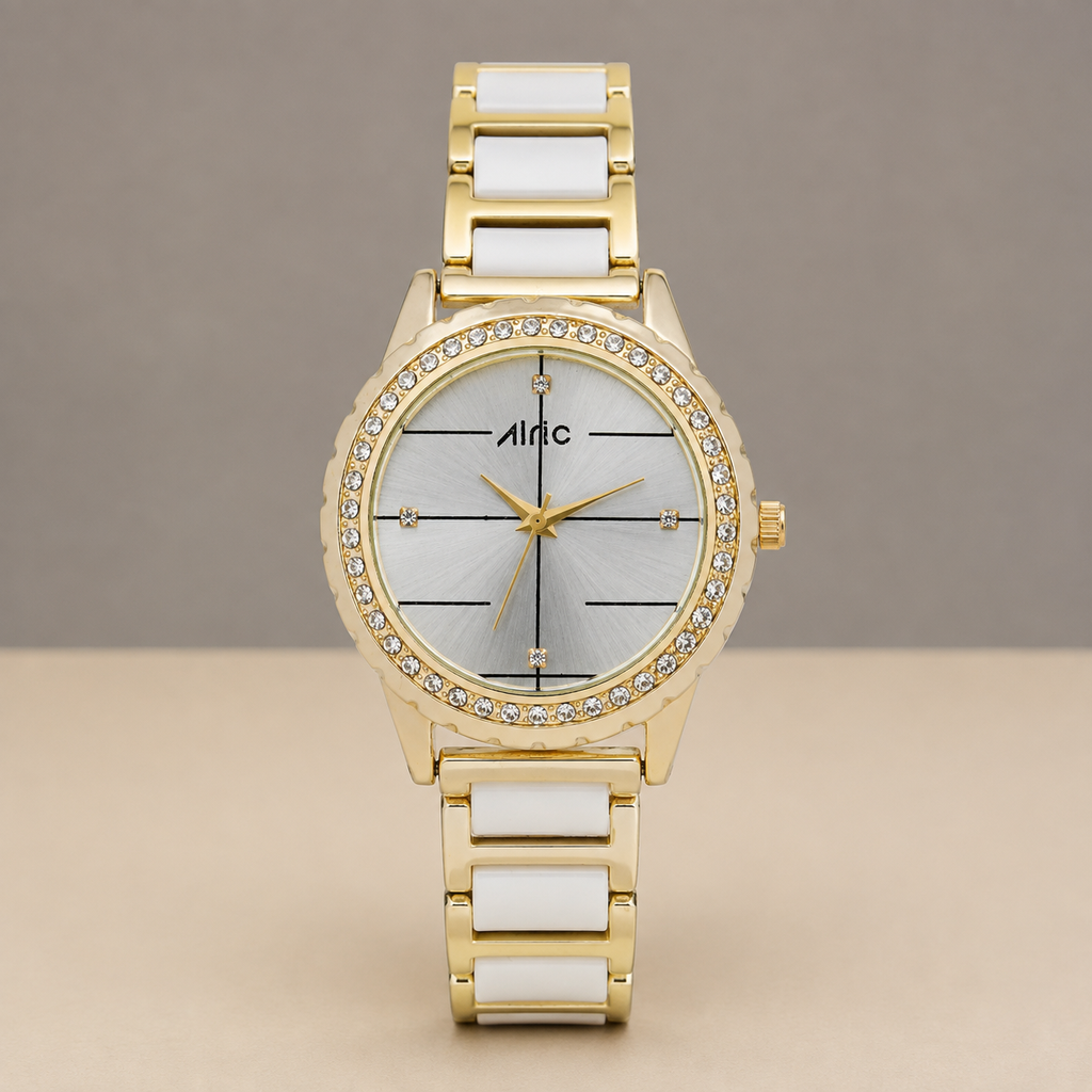 Regal Gold & White Round Quartz Analog Wrist Watch For Women (13.6 Mm Dial)
