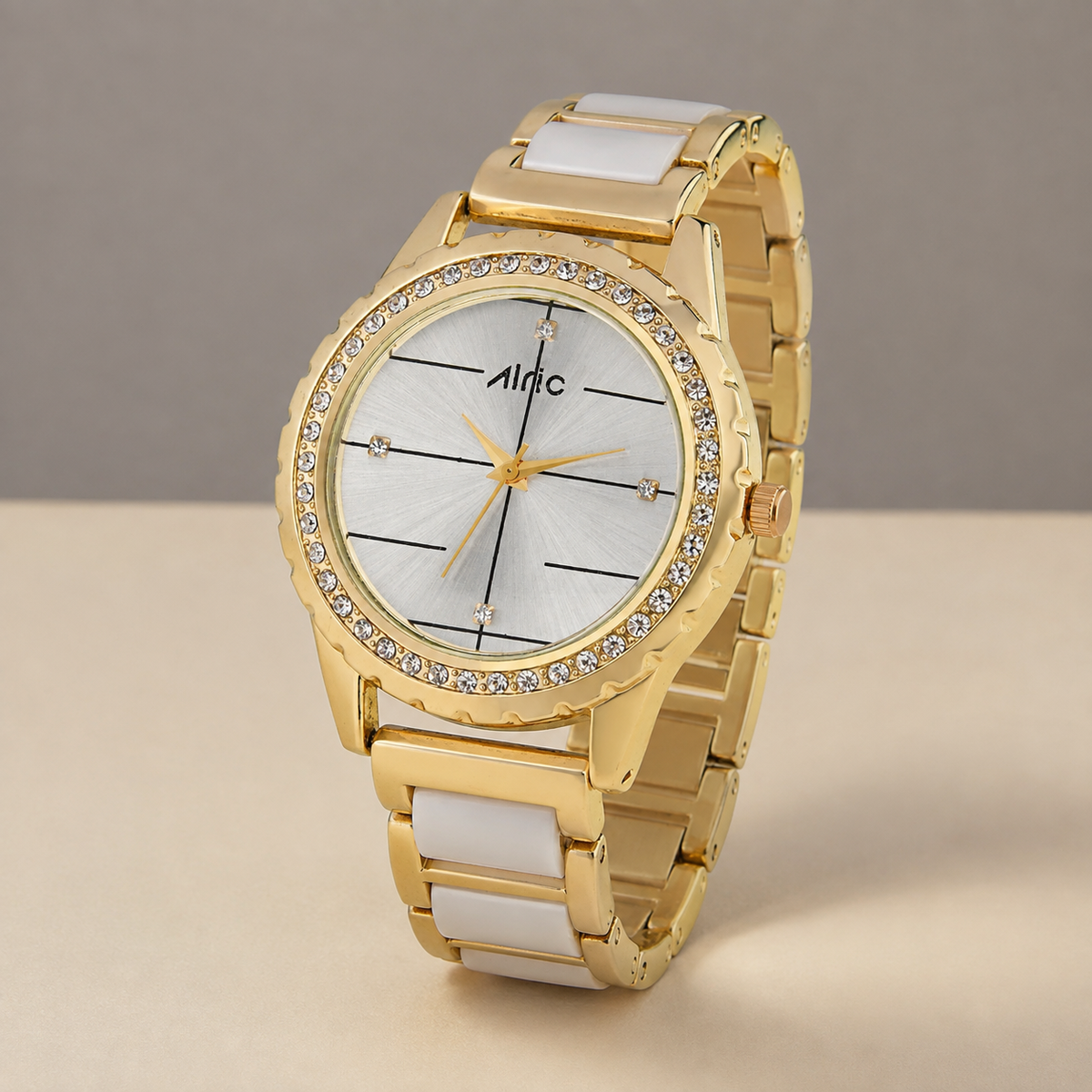 Regal Gold & White Round Quartz Analog Wrist Watch For Women (13.6 Mm Dial)