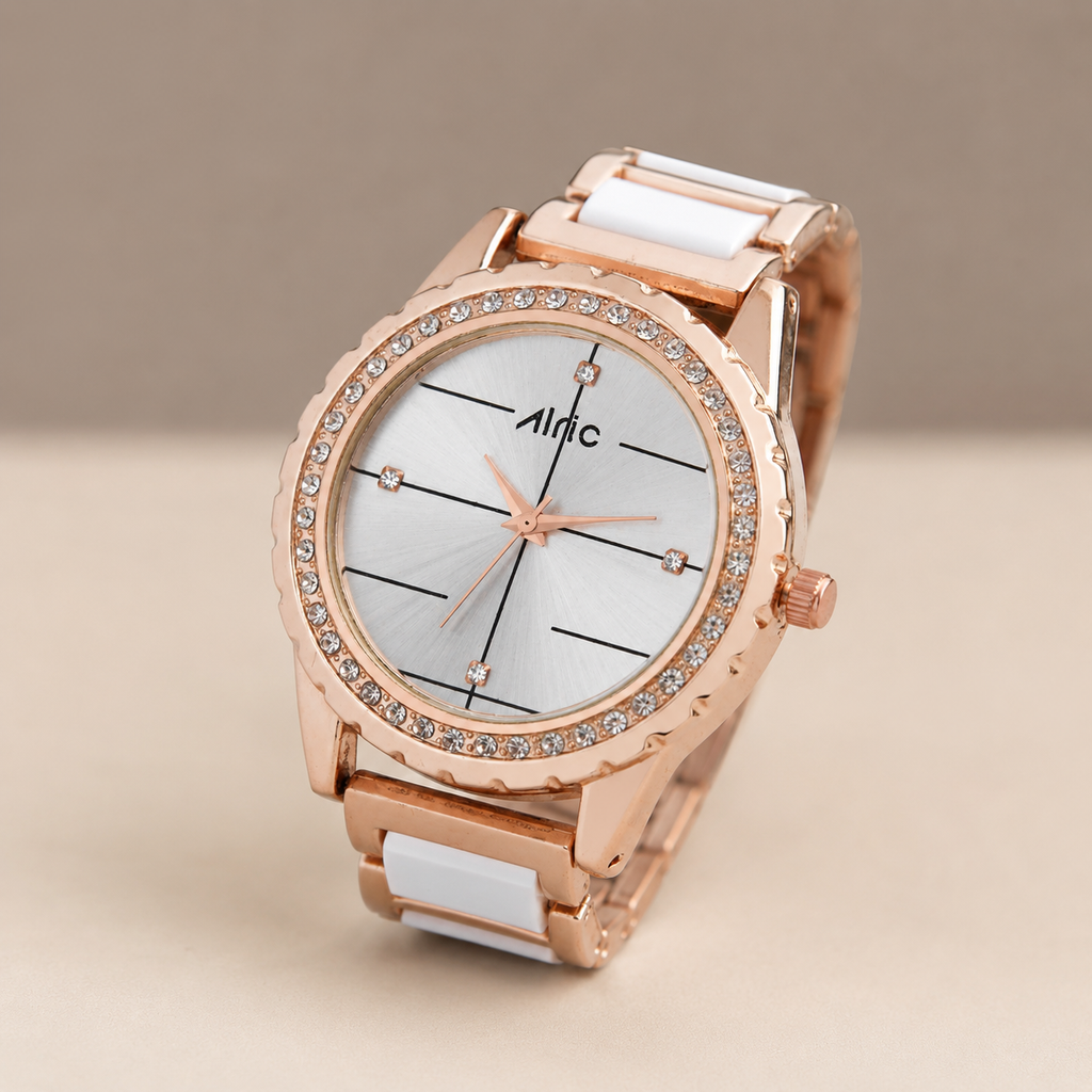 Regal Rose Gold & White Round Quartz Analog Wrist Watch For Women (13.6 Mm Dial)