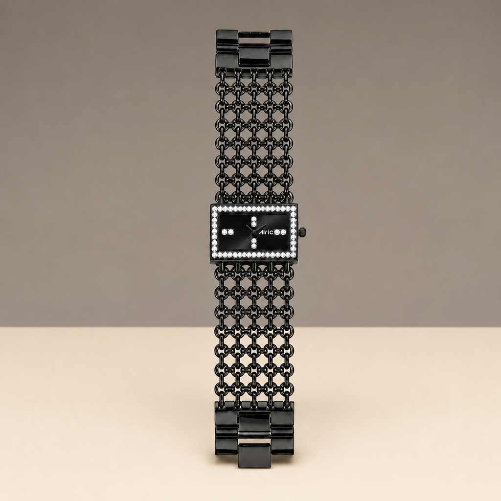 Luxe Black Analog Quartz with Jewels | Elegant Watch for Women