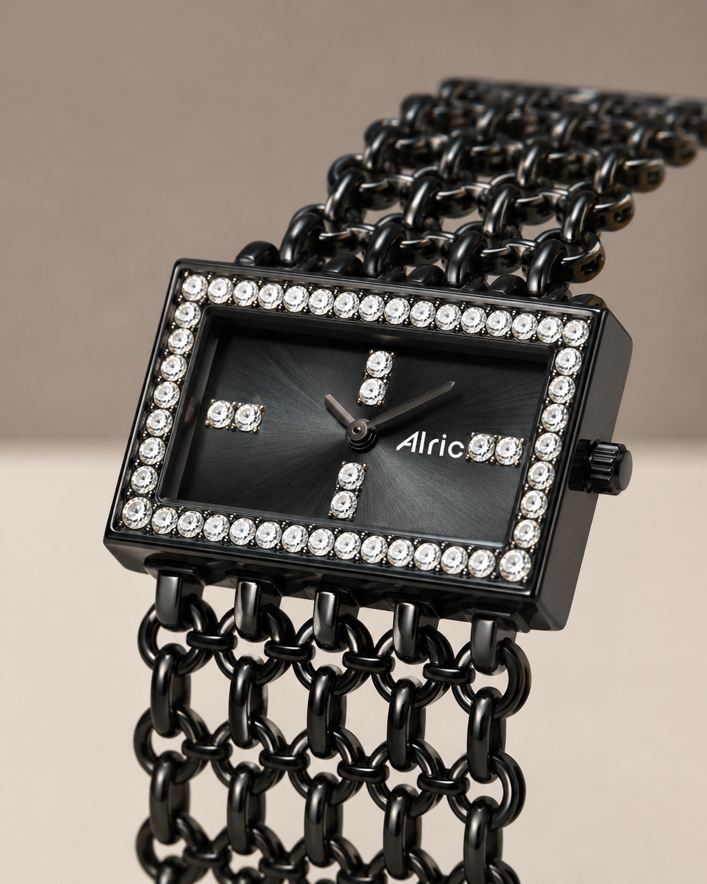 Luxe Black Analog Quartz with Jewels | Elegant Watch for Women