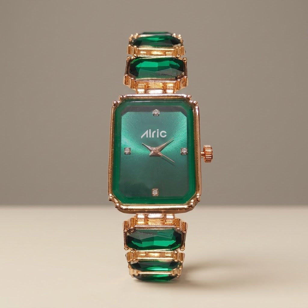 Alric Octa Big Diamond Stone Studded Green & Rose Gold Square Quartz Analog Wrist Watch For Girls (14.28 Mm Dial)