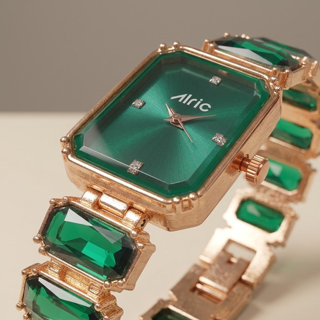 Alric Octa Big Diamond Stone Studded Green & Rose Gold Square Quartz Analog Wrist Watch For Girls (14.28 Mm Dial)