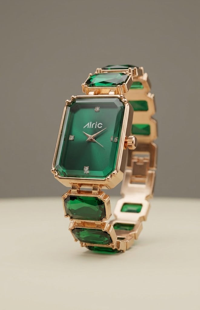 Alric Octa Big Diamond Stone Studded Green & Rose Gold Square Quartz Analog Wrist Watch For Girls (14.28 Mm Dial)