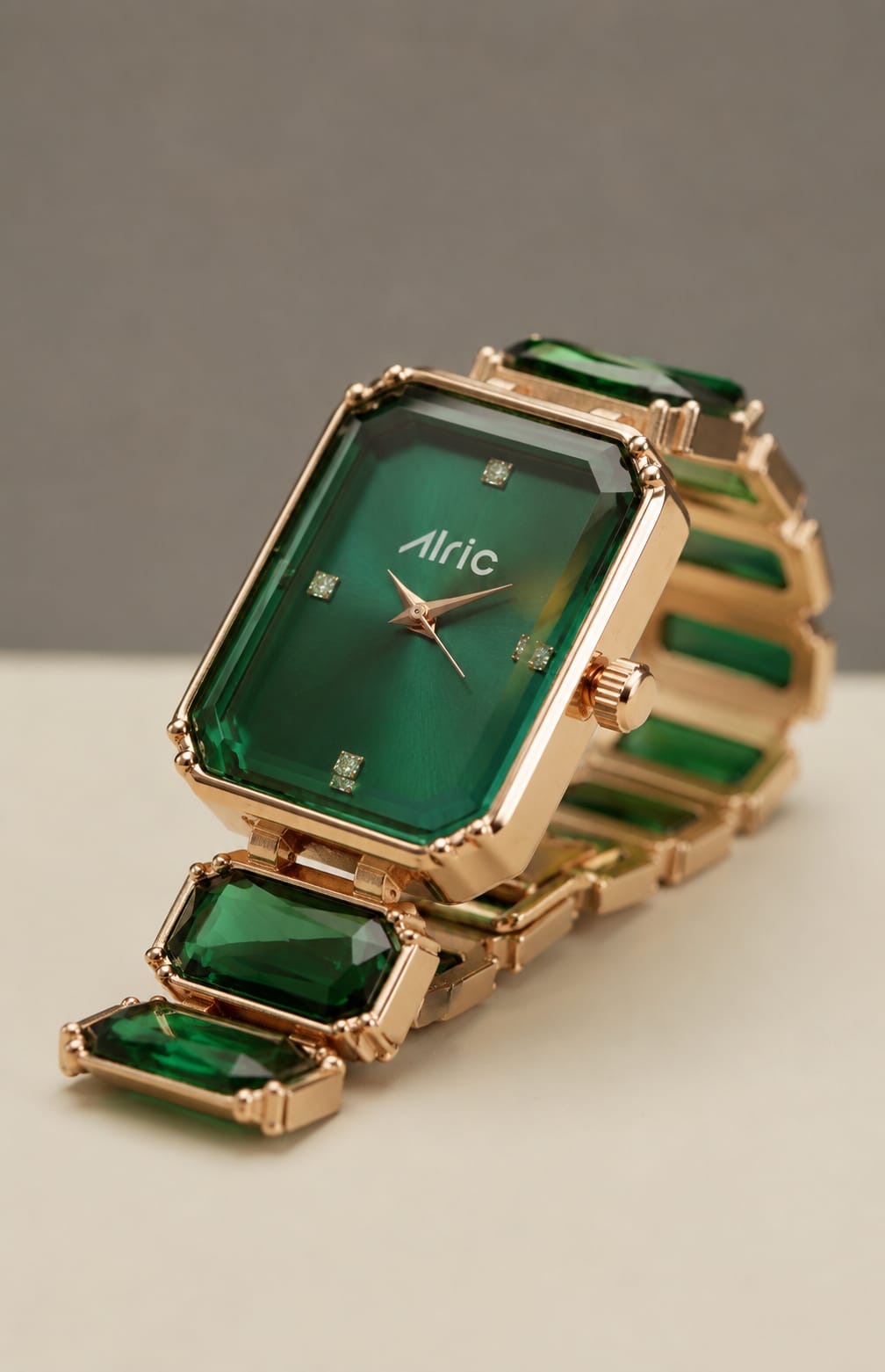 Alric Octa Big Diamond Stone Studded Green & Rose Gold Square Quartz Analog Wrist Watch For Girls (14.28 Mm Dial)