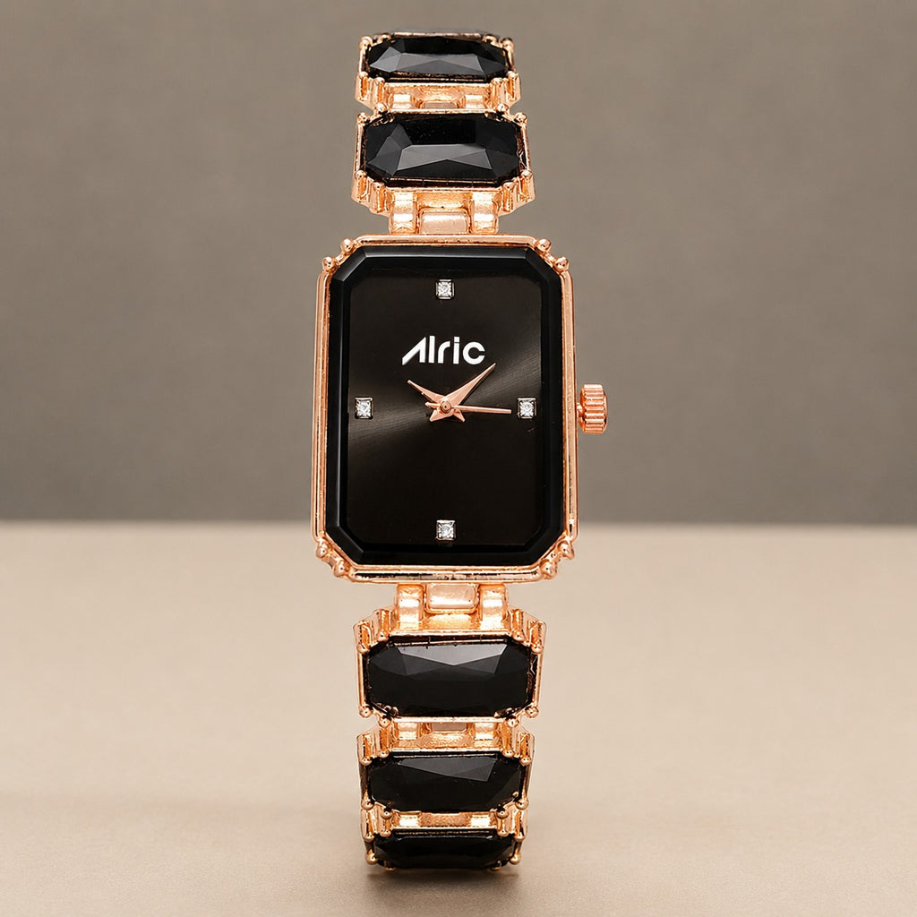 Alric Octa Big Diamond Stone Studded Black & Rose Gold Square Quartz Analog Wrist Watch For Girls (14.28 Mm Dial)