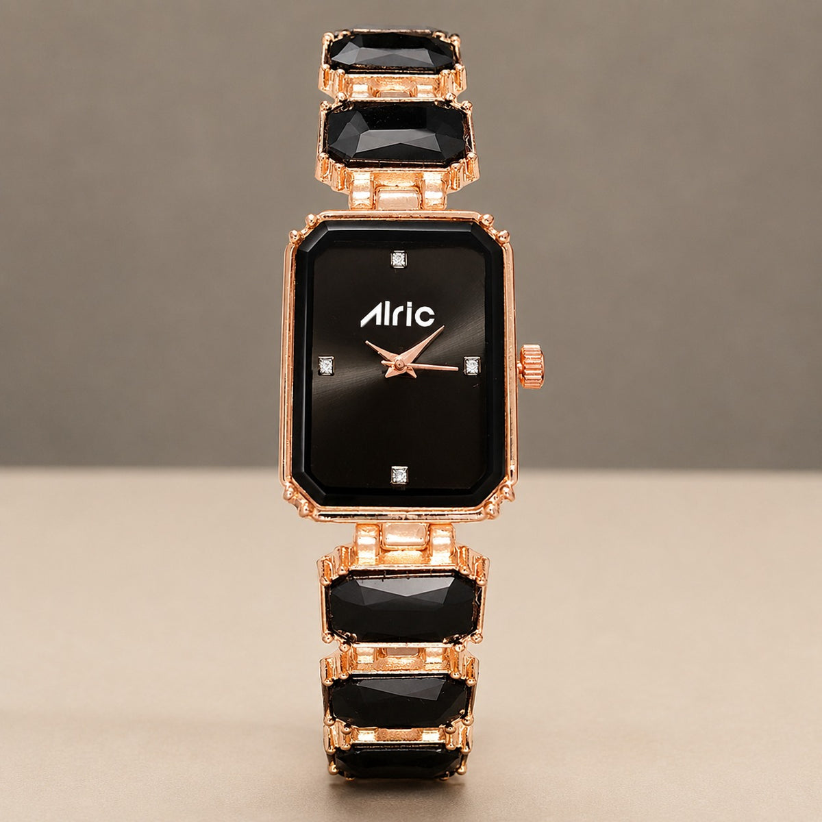 Alric Octa Big Diamond Stone Studded Black & Rose Gold Square Quartz Analog Wrist Watch For Girls (14.28 Mm Dial)