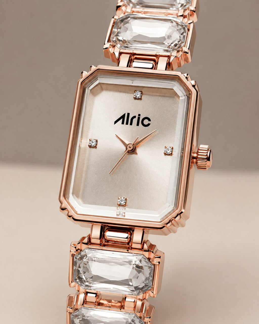 Alric Octa Big Diamond Stone Studded White & Rose Gold Square Quartz Analog Wrist Watch For Girls (14.28 Mm Dial)