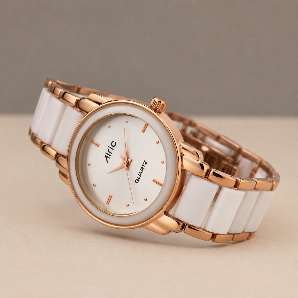 Swanky Gold & White Round Quartz Analog Wrist Watch For Girls (13.6 Mm Dial)