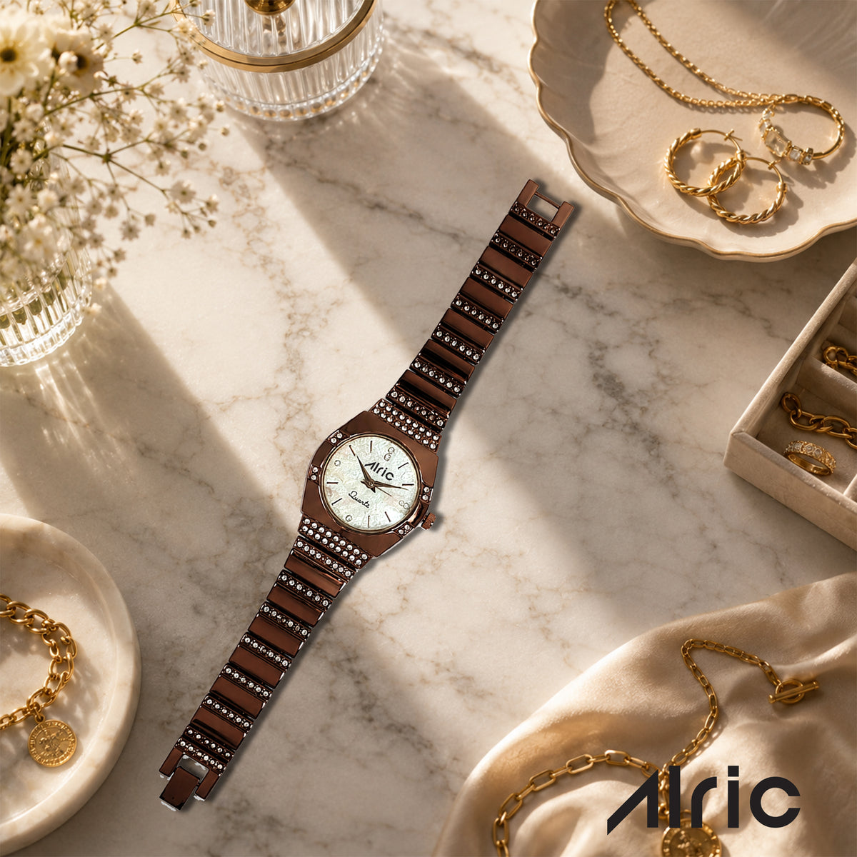 Opaline Brown Analog Quartz with Jewels | Elegant Watch for Women